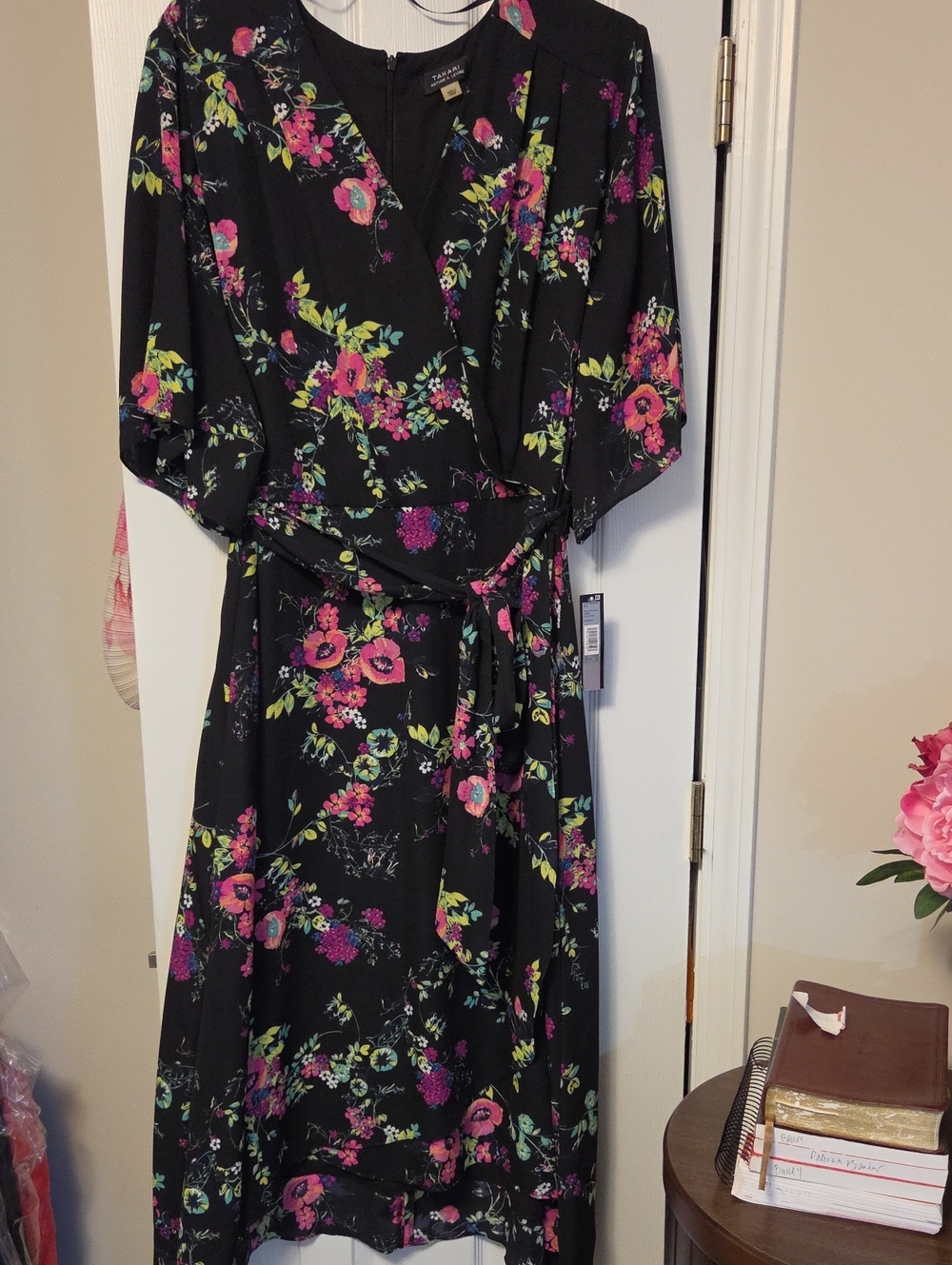 Tahari Black Floral Wrap Midi Dress with Pink & Green Accents